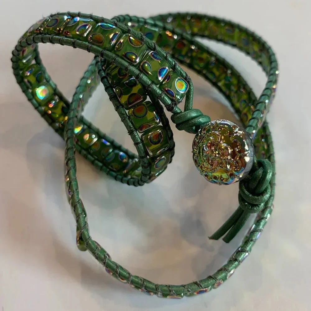 Bespoke Glass Leather Bead Cuff Bracelet - Gold & Green Aura Finish - Handmade - Picture 4 of 7